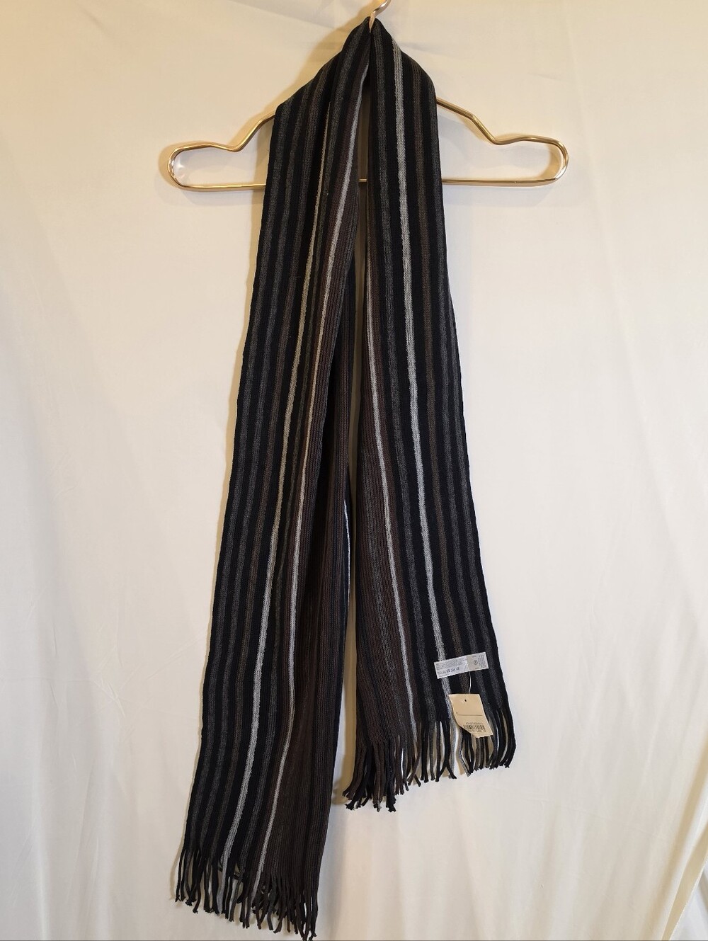 Mens Scarf Black Grey Striped Winter Knit Fringed Long Muffler Soft 74"x12"
